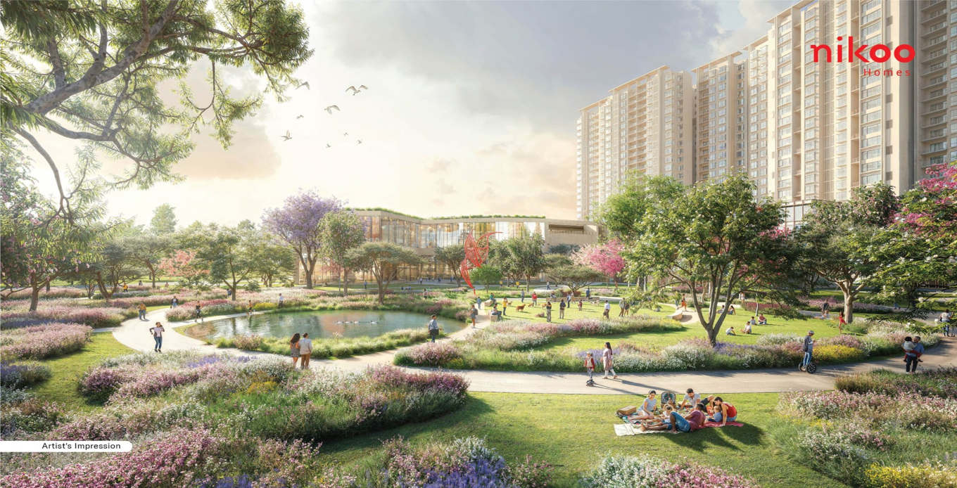 Exterior view of Bhartiya Nikoo Homes Garden Estate near Bangalore Airport Road showcasing high-rise towers and premium living spaces.